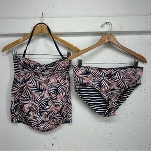 A Pea in the Pod Small Maternity Navy Blue Pink Floral Striped Halter Tankini